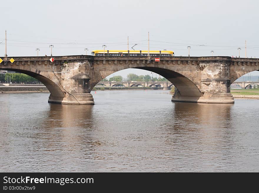 Tram on the bridge in Dresden