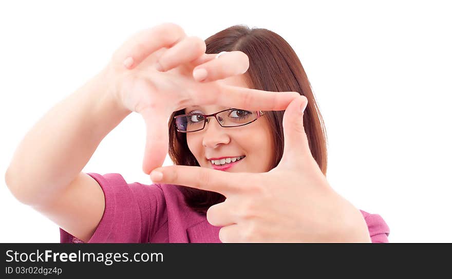 Portrait of young happy smiling business woman framing her face with hands