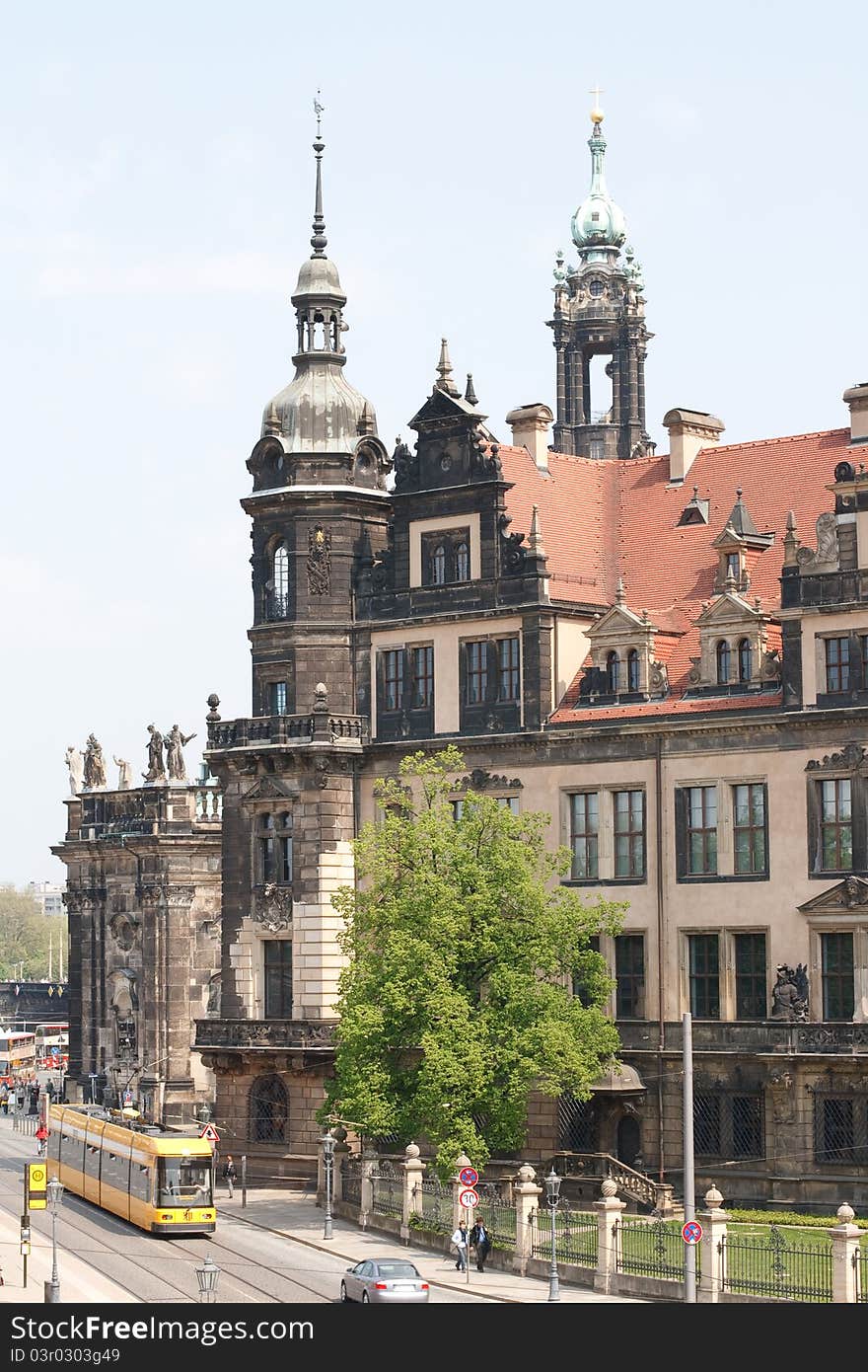 Old Street in Dresden. View of the Cathedral