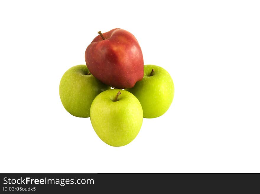 Red apple on the green apples on the white background