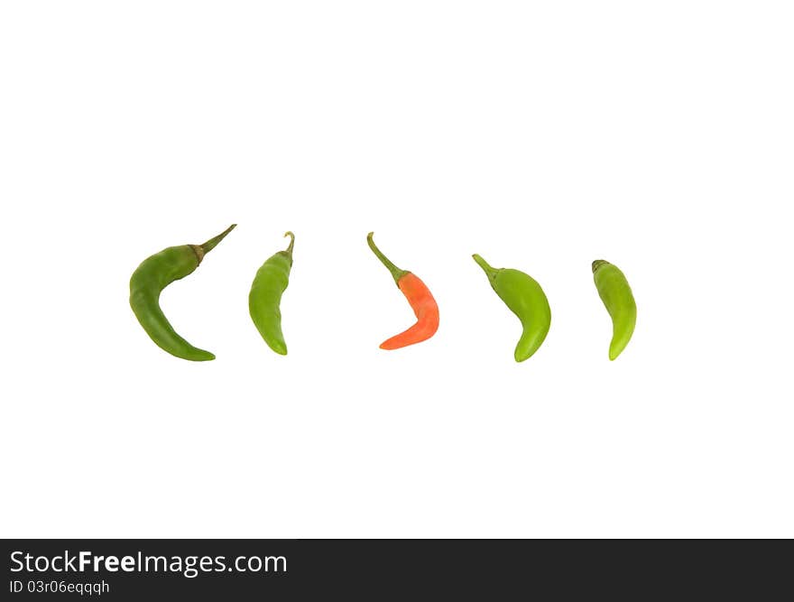 Green and red chilli on the white background