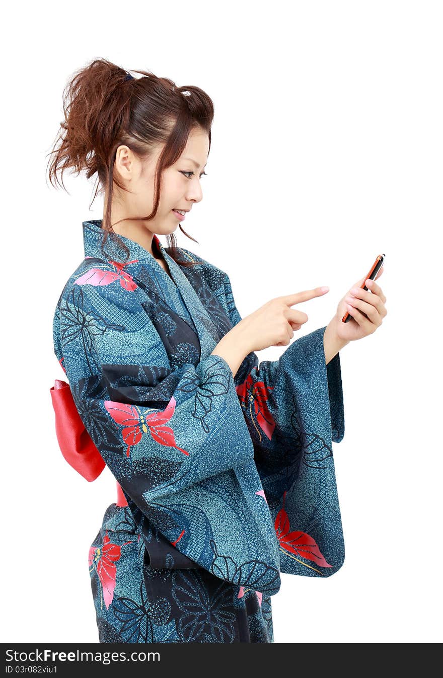 Japanese woman in clothes of kimono with smart-phone