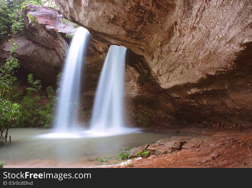 Two waterfalls flow into a large hole in a cool spirit.