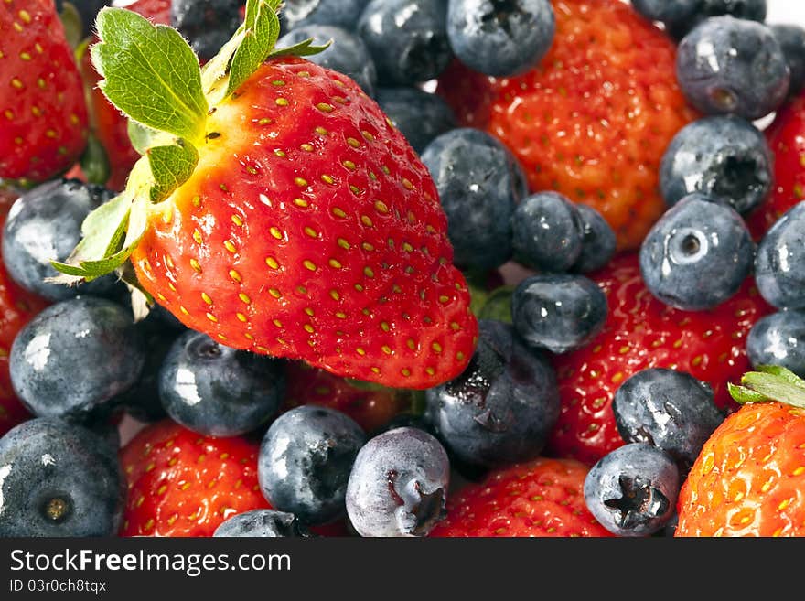 Garden strawberry, Fragaria Ã— ananassa with blueberries. Garden strawberry, Fragaria Ã— ananassa with blueberries