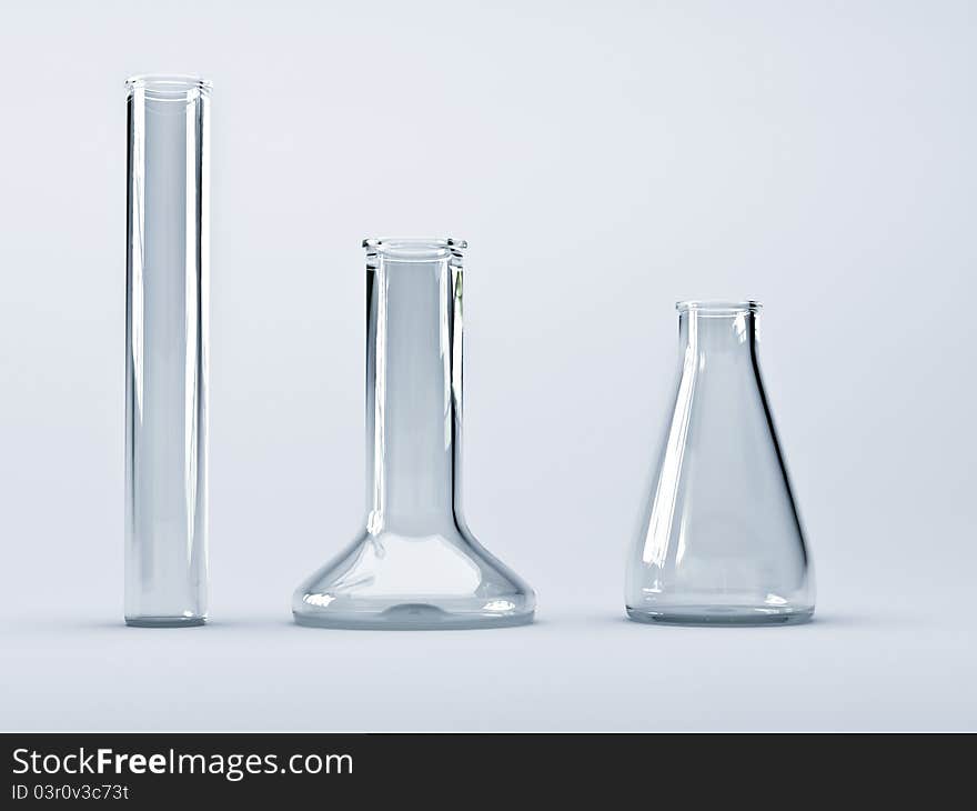 Empty glass chemical flask on a light background. Empty glass chemical flask on a light background