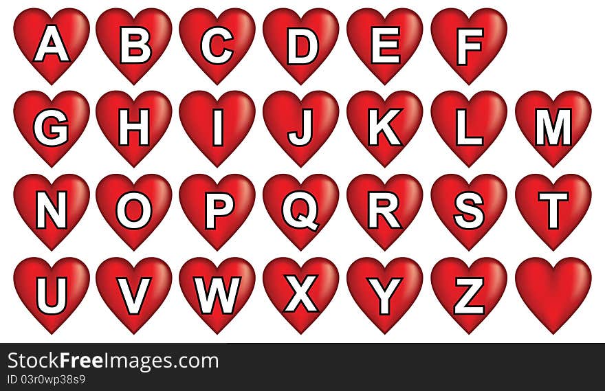 Red heart alphabet with capital letters