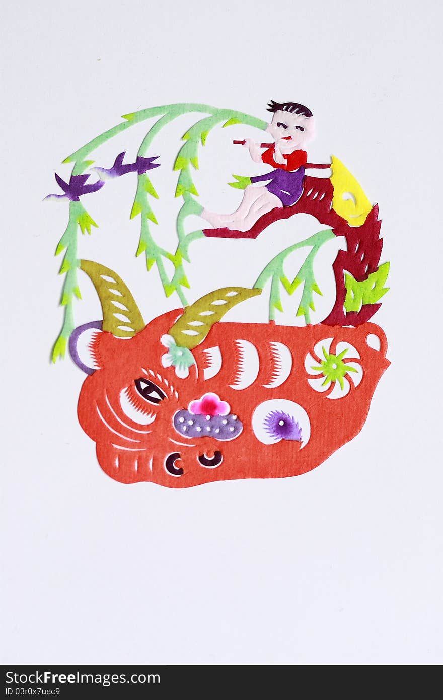 Paper-cutting is a traditional Chinese folk art. Paper-cut of a cowboy shows the peace and happiness of the rural life