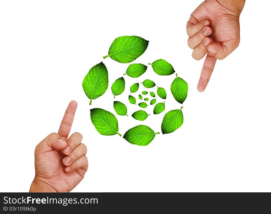 Hand pointing on green leaf circle on white background. Hand pointing on green leaf circle on white background