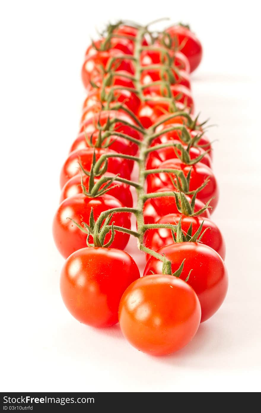 Branch of red cherry tomatoes on a white background