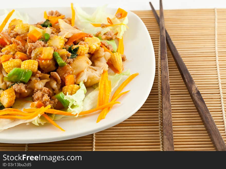 Stir Fried Noodle with Chicken on white background