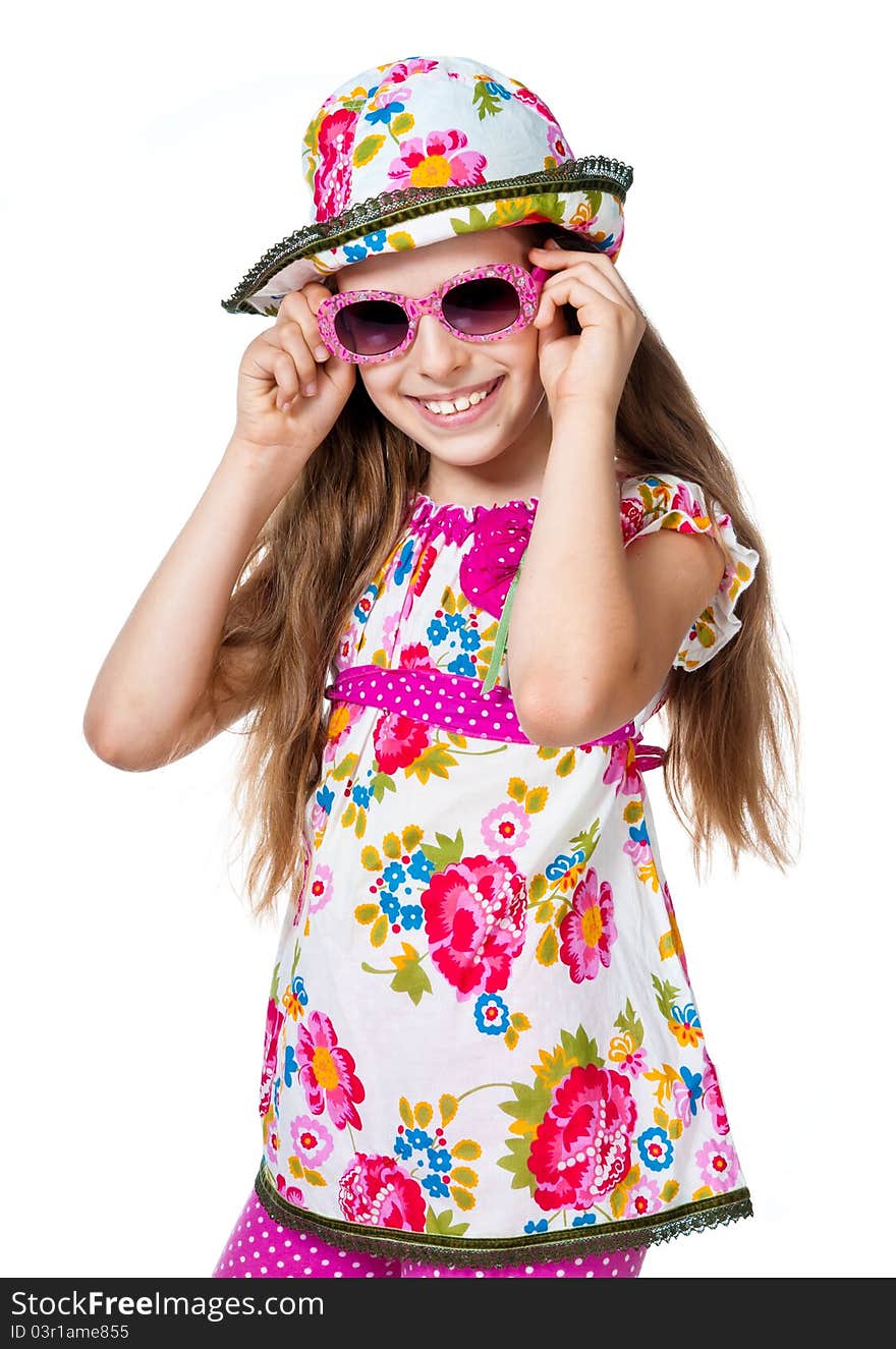 Cute girl with pink sunglasses isolated on white background