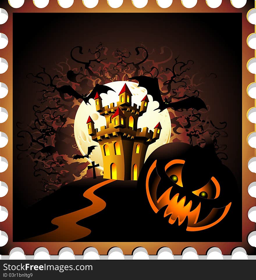 Halloween Pumpkin and Castle Stamp Background