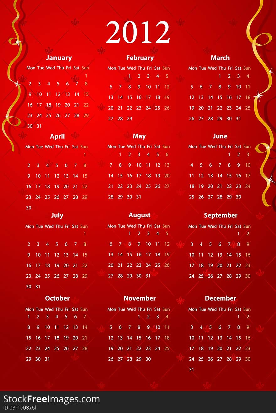 Vector European red calendar 2012, starting from Mondays. Vector European red calendar 2012, starting from Mondays