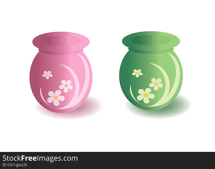 Green and pink pots with floral design