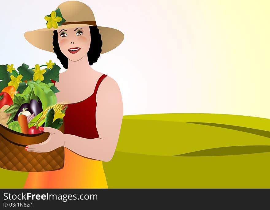 Young woman holding a basket full of vegetables, hills in the background, vector format. Young woman holding a basket full of vegetables, hills in the background, vector format