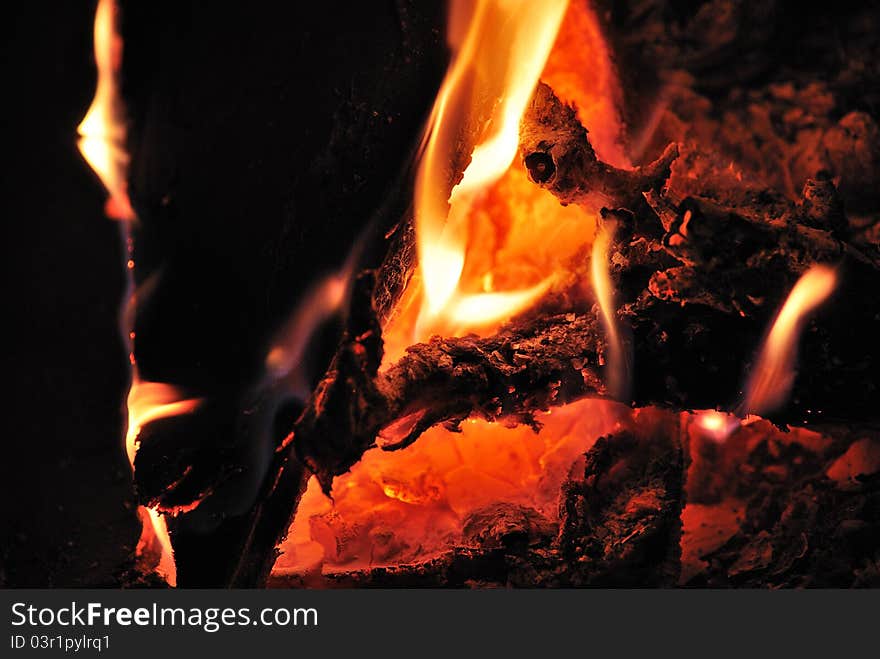 Glowing fire in the free camping and tent