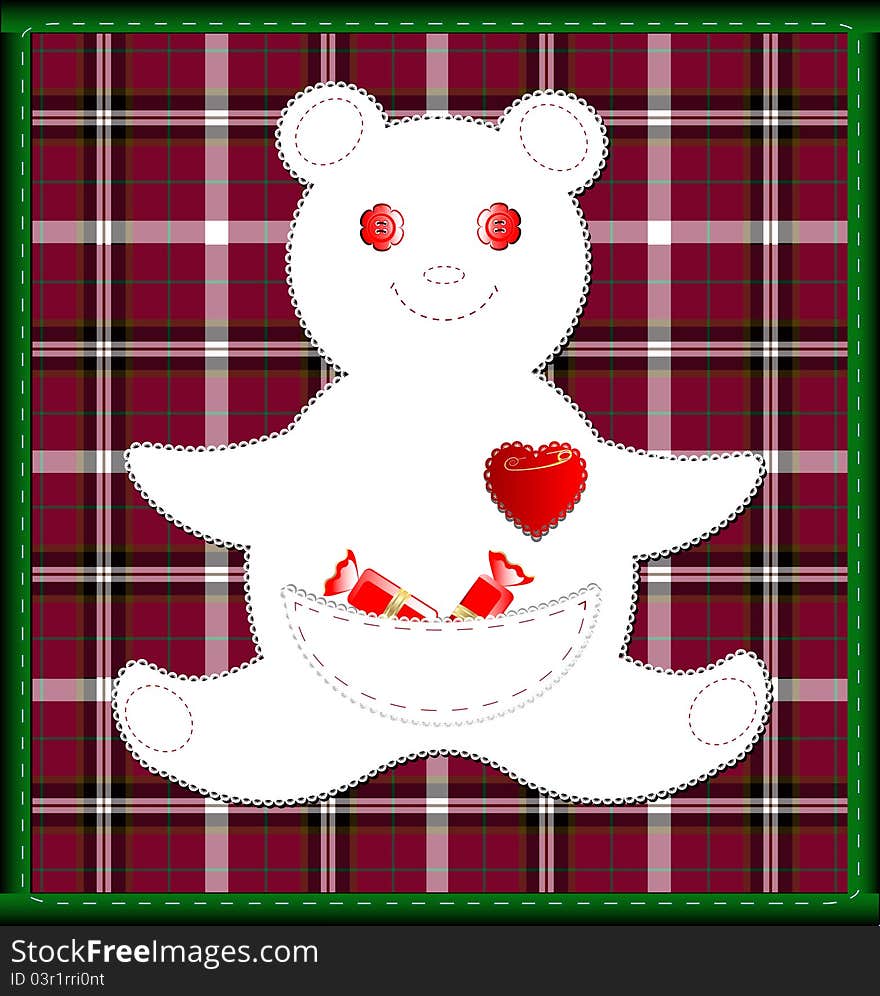 Funny background: red-green plaid and lace-small bear with candy and crimson heart. Funny background: red-green plaid and lace-small bear with candy and crimson heart
