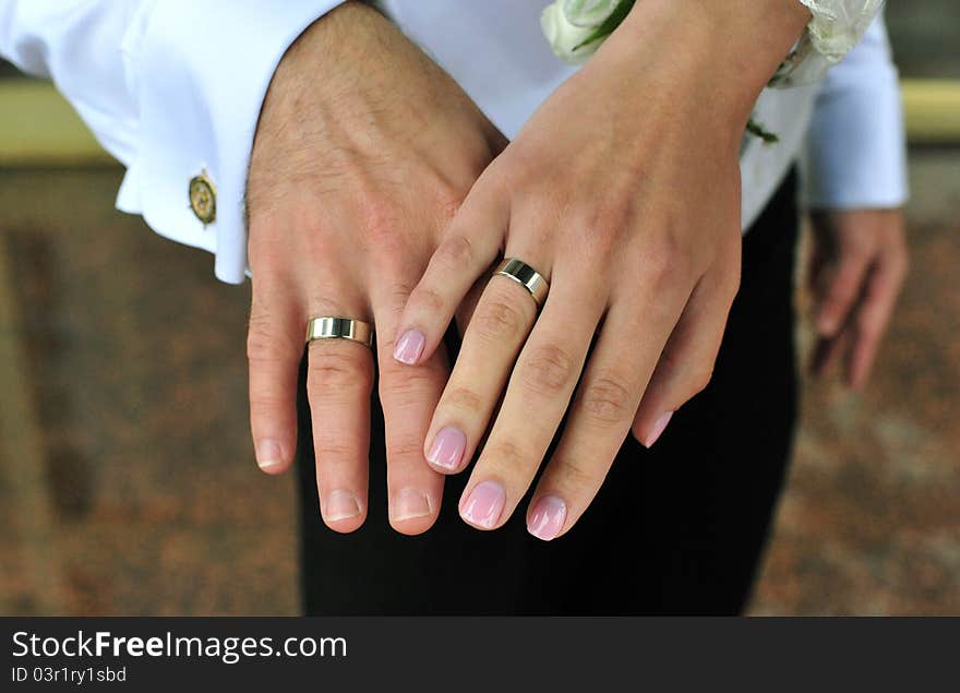 Bride and groom holding hands with wedding rings on it. Bride and groom holding hands with wedding rings on it