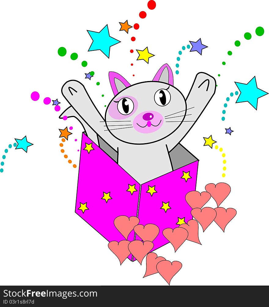 Cat in box with hearts and stars celebrating an occasion with copy space. Cat in box with hearts and stars celebrating an occasion with copy space