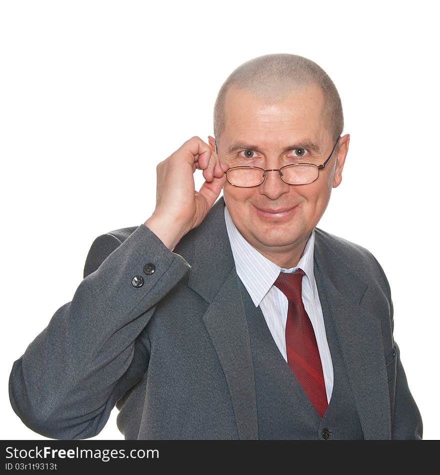 A surprised businessman with eyeglasses isolated on white.