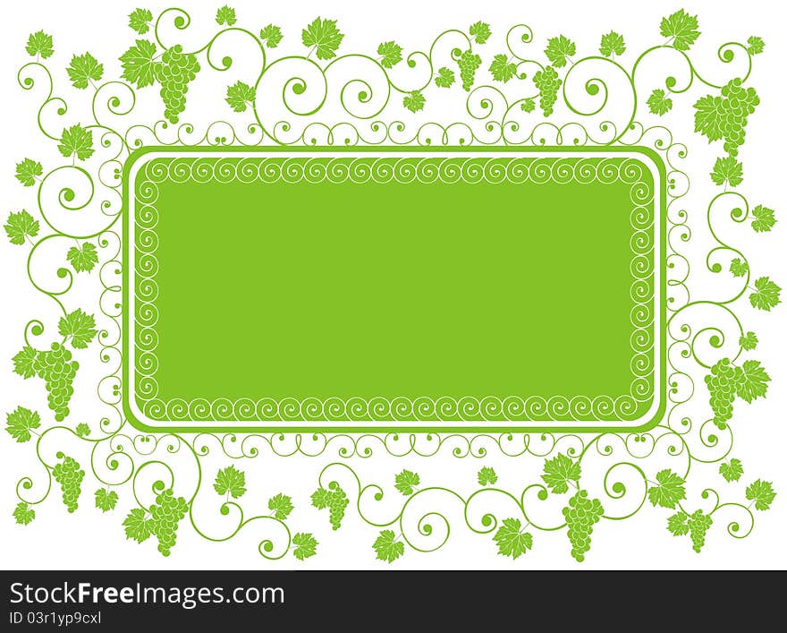 Green landscape frame decorated grape, vine and abstract ornament. Green landscape frame decorated grape, vine and abstract ornament