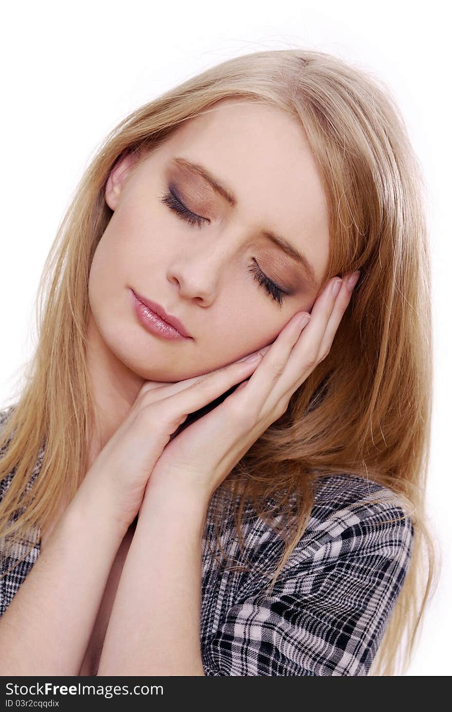 Woman showing sleeping gesture