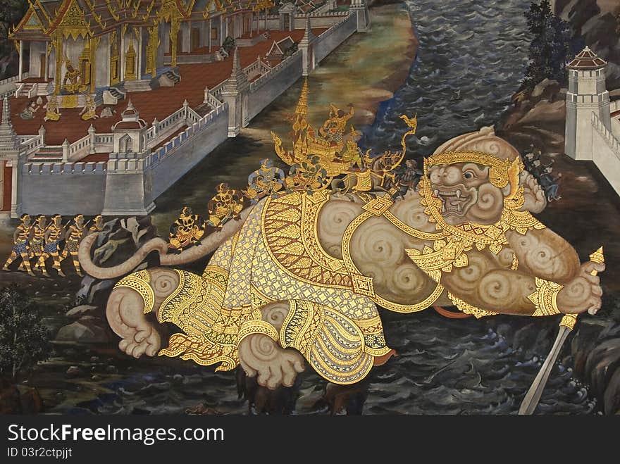 Thai Mural Painting On The Wall, (Hanuman)