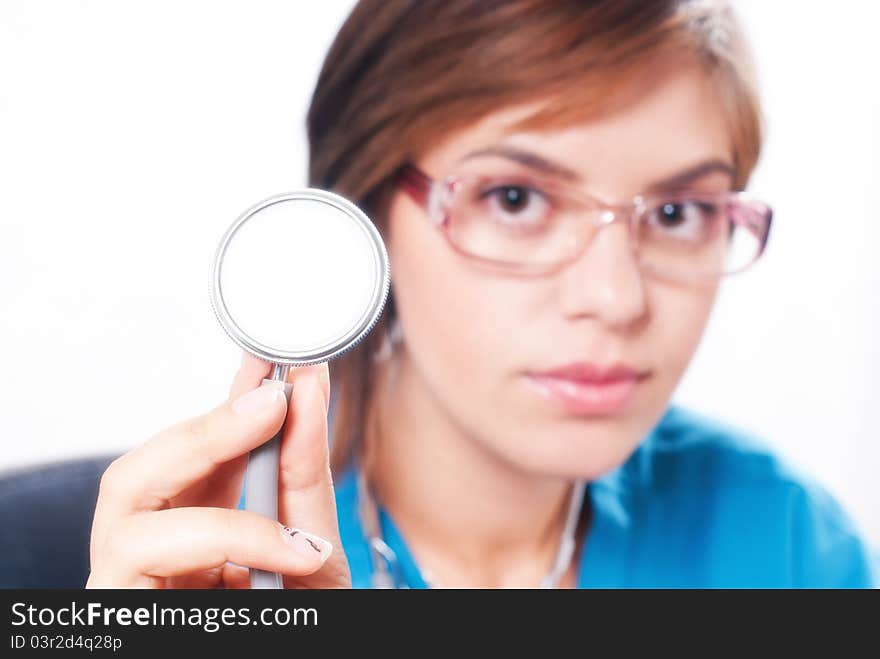 Medical doctor with hand in focus on white background. Medical doctor with hand in focus on white background