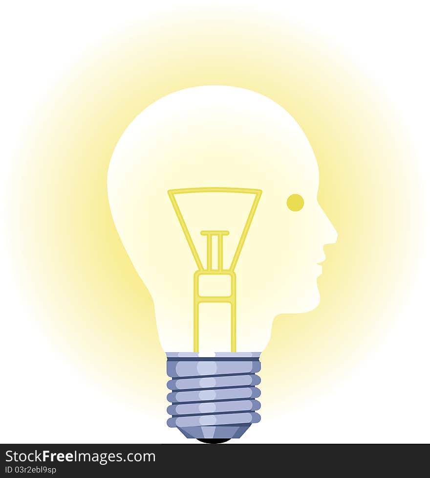 A bright light bulb has a profile of a face in it. A bright light bulb has a profile of a face in it.