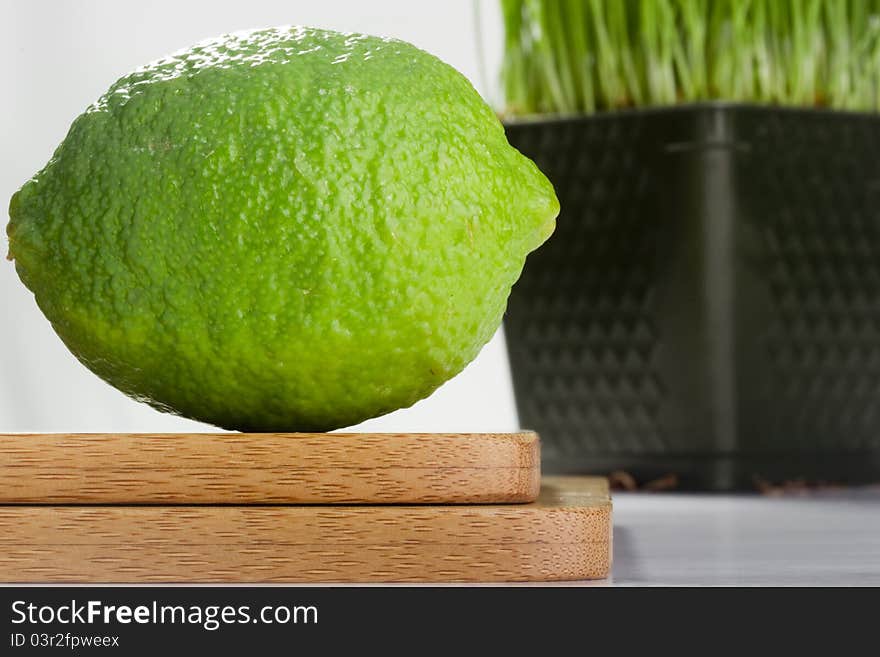 Closeup of a green lime with wheatgrass in the background. Closeup of a green lime with wheatgrass in the background.