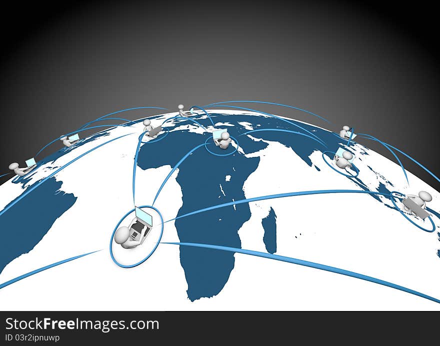 Render of several people connected to each other around the world. Render of several people connected to each other around the world