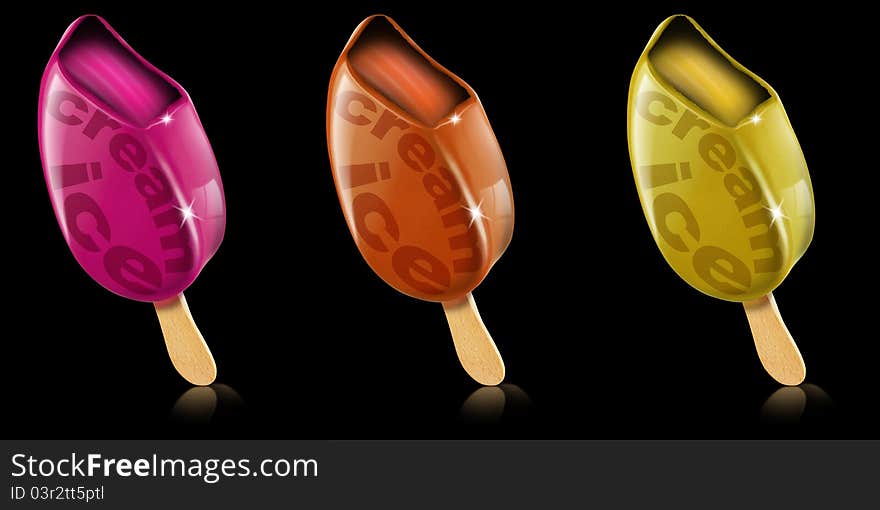 Three colored ice creams on a black background