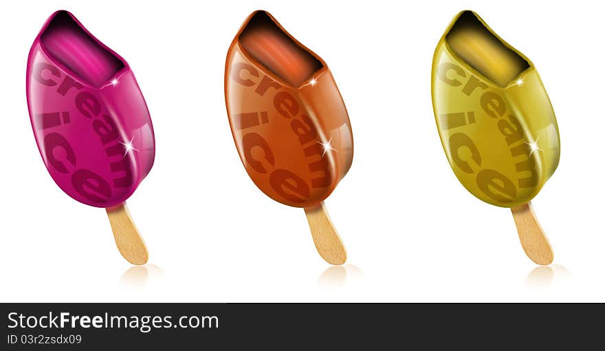 Three colored ice creams on a white background