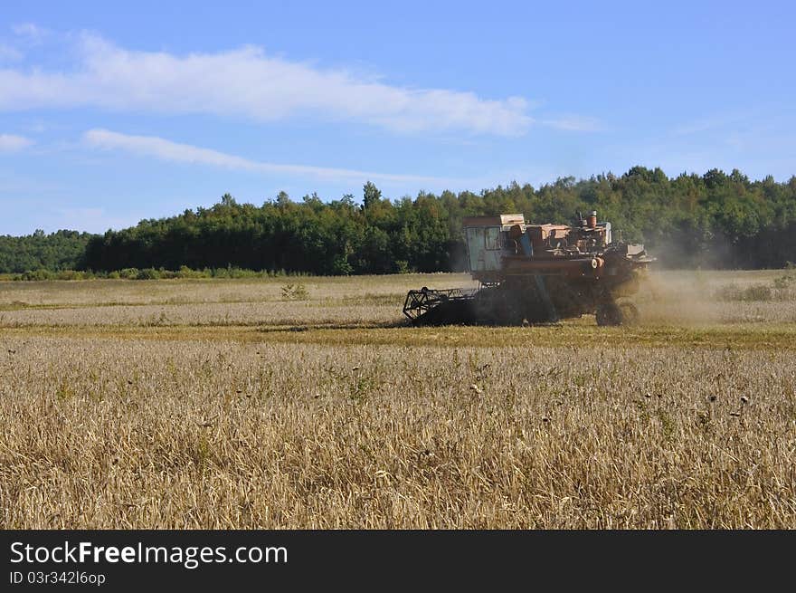 Combine in the field on cleaning of a ripe rye