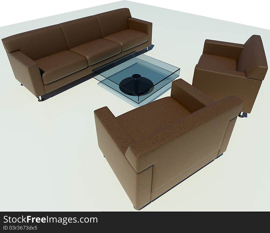 Brown Sofa Group in White Isolated 3D Rendering