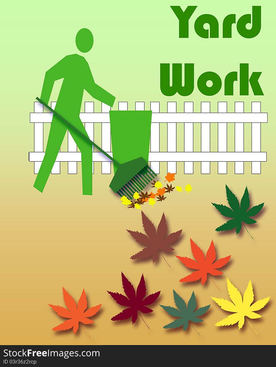 Gardener raking leaves colorful yard work poster illustration. Gardener raking leaves colorful yard work poster illustration