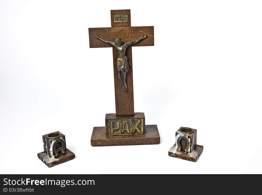 Wooden Crucifix and Candle Holders