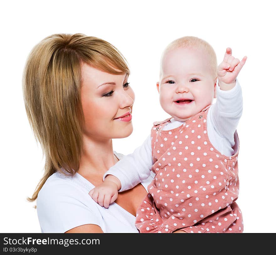 Portrait of a beautiful happy mother with baby isolated on white