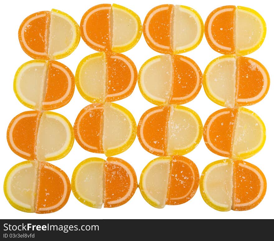 Background of Fruit Candy isolated on white background, top view