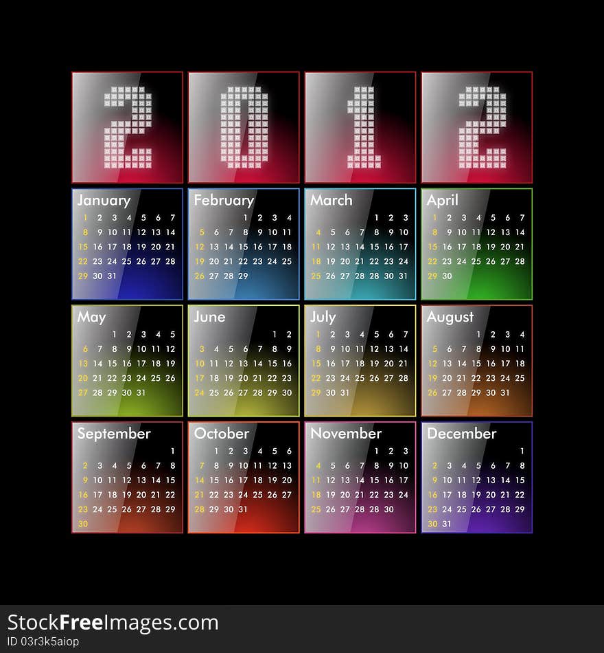 Calendar 2012 - glossy - (US, sunday first), glossy and colorful