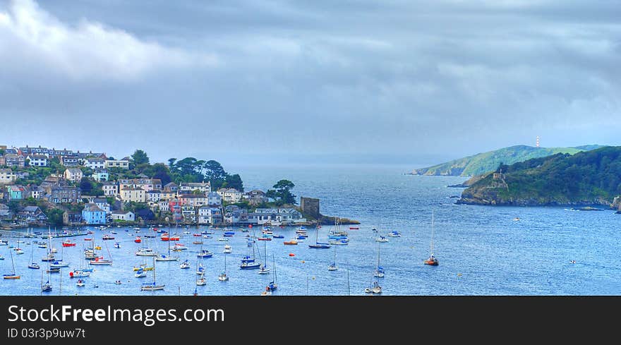 A panoramic image of the landscape of Polruan in Cornwall, England.