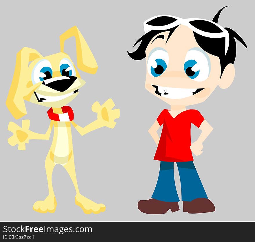 Cartoon illustration of funny boy and dog. Cartoon illustration of funny boy and dog.