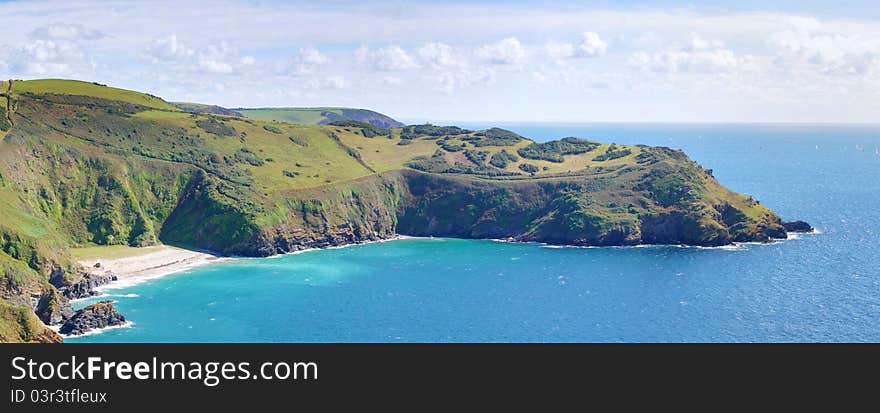 A panoramic image of the landscape of Polruan in Cornwall, England.