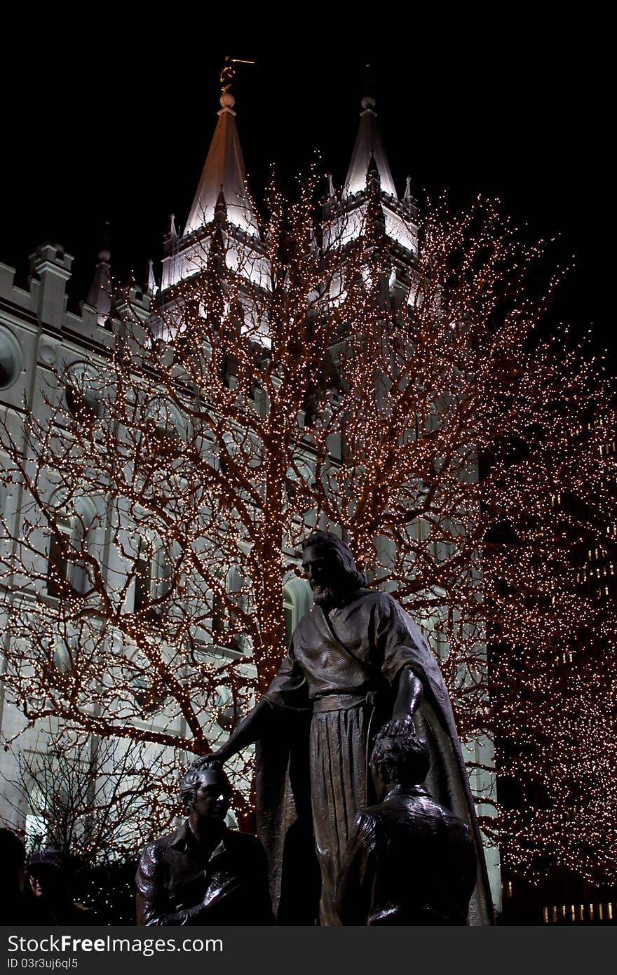 Image of 3 statues outside the SLC mormon temple @ Christmas time. Image of 3 statues outside the SLC mormon temple @ Christmas time