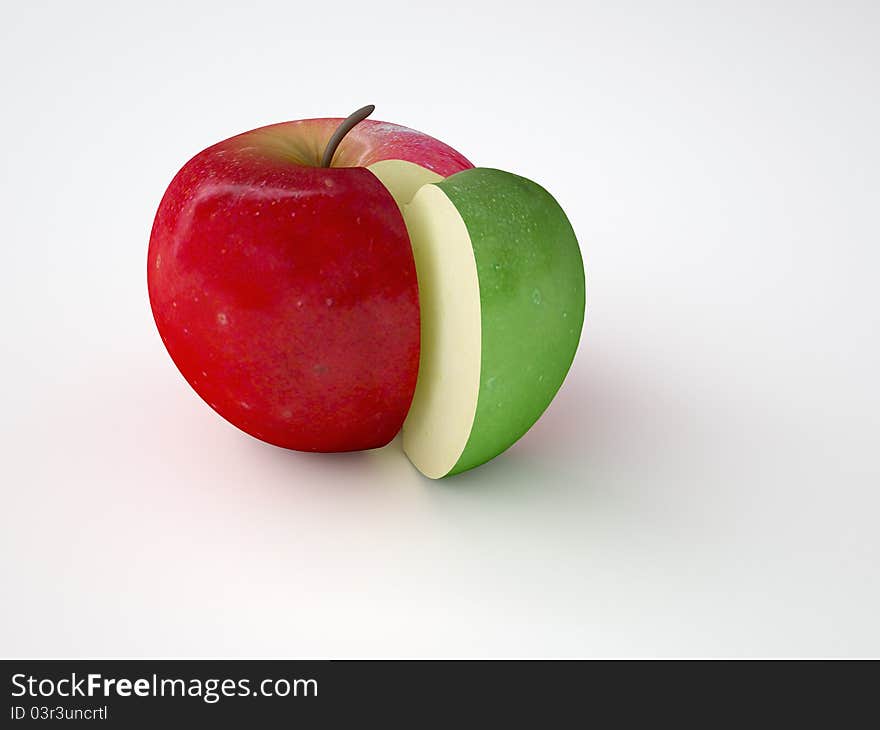 Apple slice, percent symbol, 3D rendered illustration