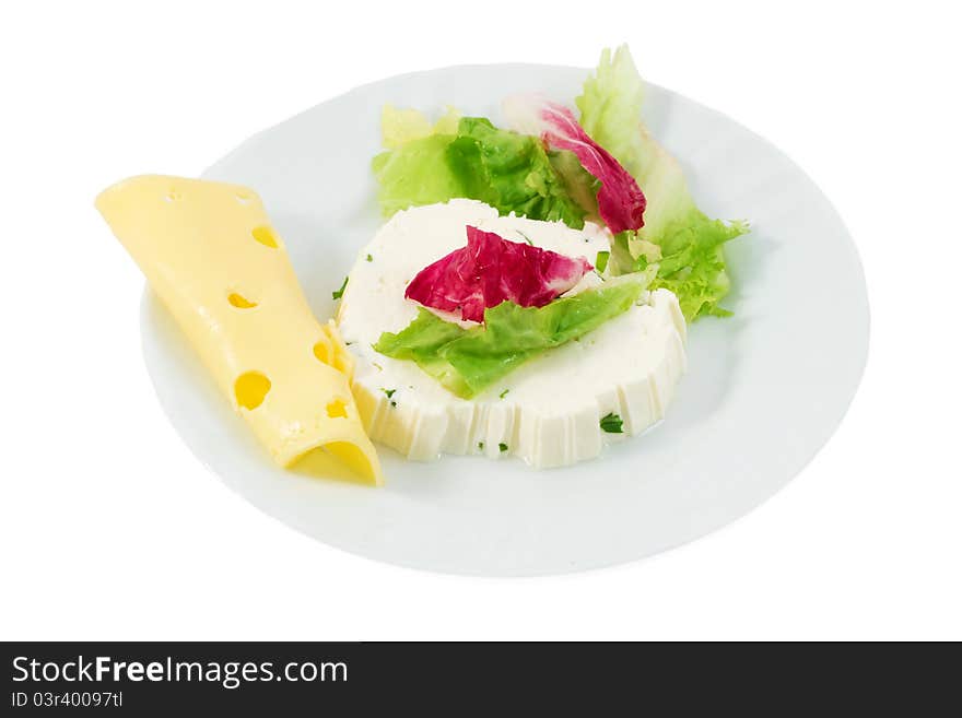 Ricotta cheese, lettuce and Swiss cheese on a white background