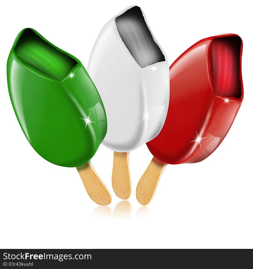 Three ice cream white, red, green made in Italy, italian flag. Three ice cream white, red, green made in Italy, italian flag