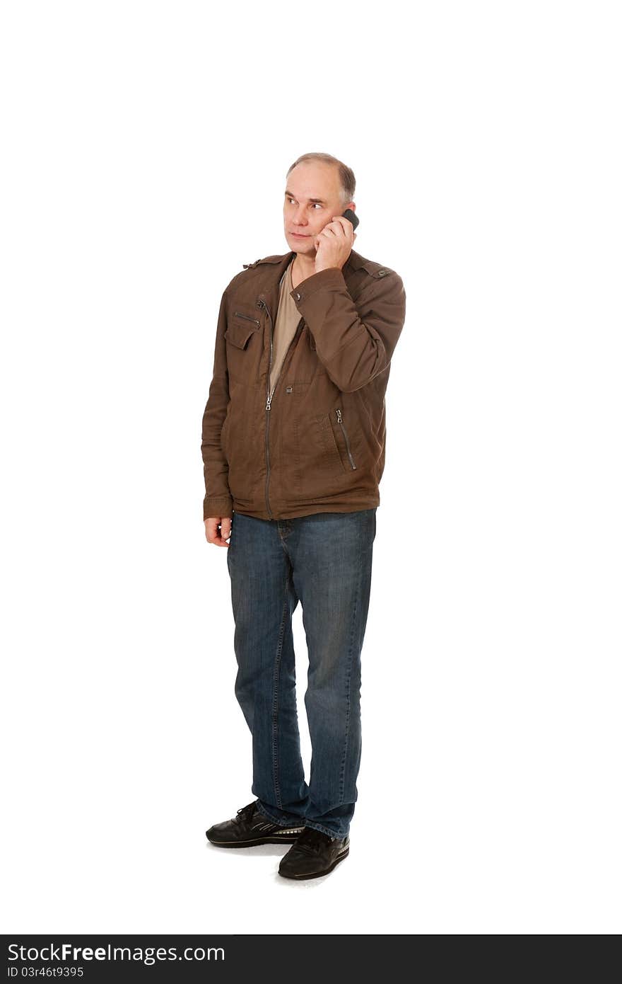 Man's speaking by phone on the white background