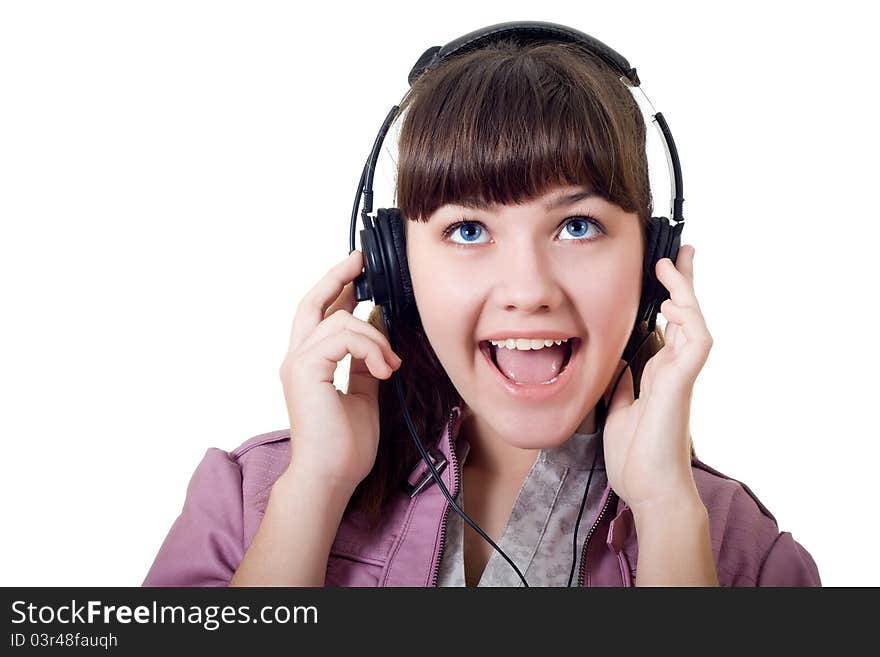 Closeup portrait of attractive girl with headphones isolated over white