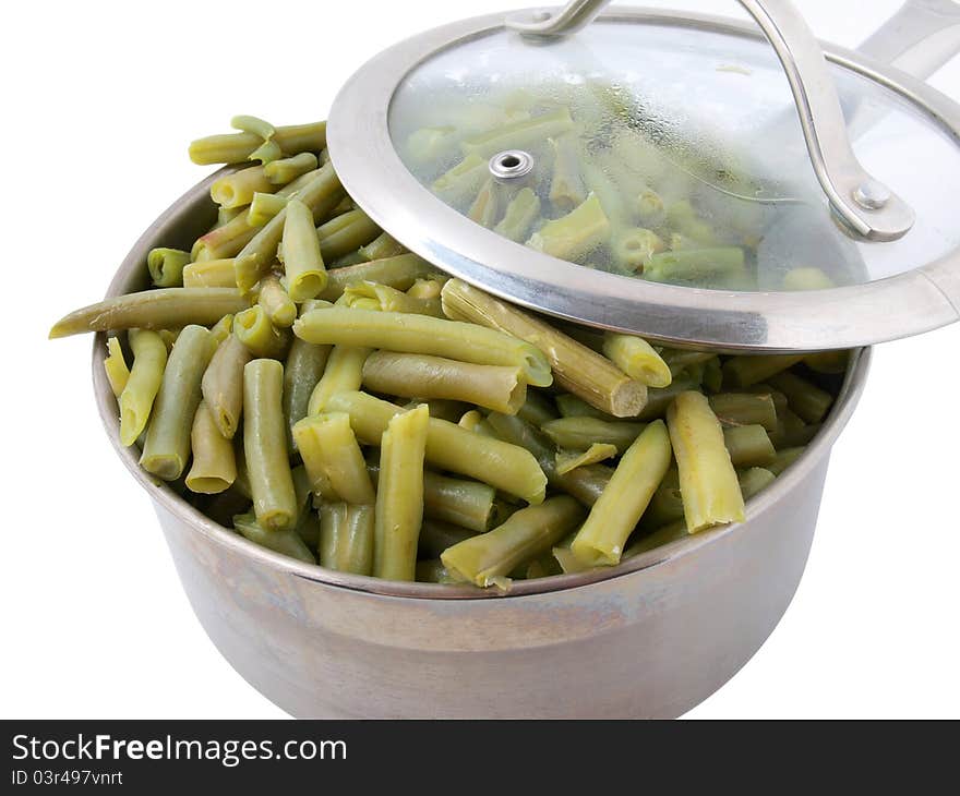 Color photo of green beans in a metal pan. Color photo of green beans in a metal pan